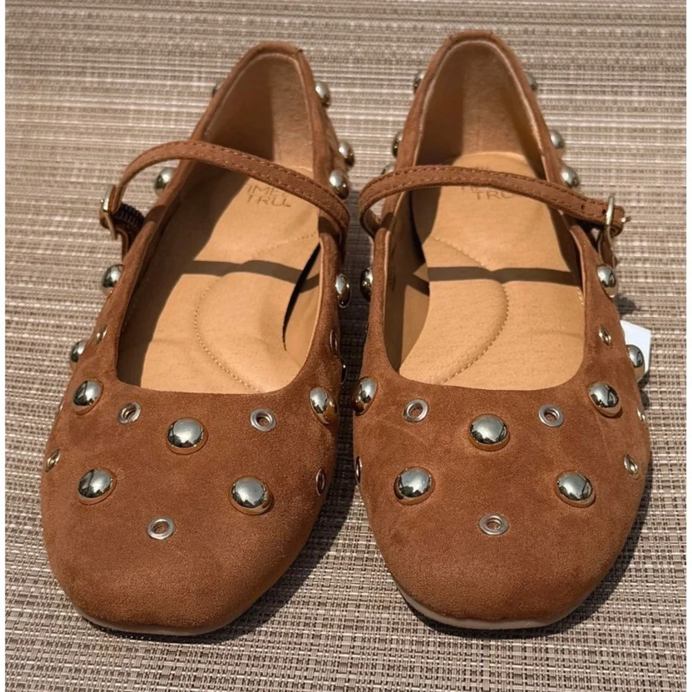 New! Women's Sz 7.5 Faux Suede Silver Studded Mary Jane Flats